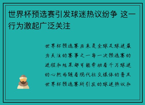 世界杯预选赛引发球迷热议纷争 这一行为激起广泛关注